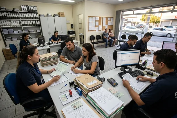 Clientes recebendo orientação para transferência de veículos.