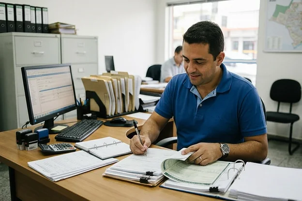 Despachante trabalhando em documentos de licenciamento em Praia Grande.
